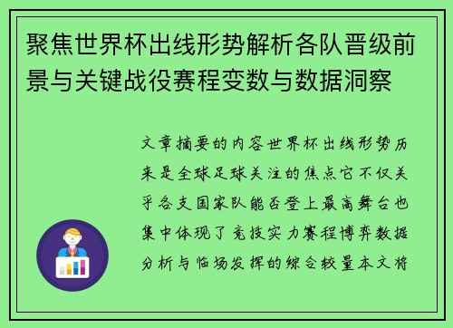 聚焦世界杯出线形势解析各队晋级前景与关键战役赛程变数与数据洞察